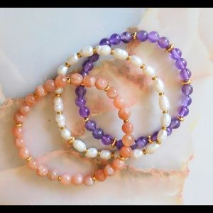 Crystal Bead Bracelet Stack Amethyst Sunstone Pearl Handmade Gift Gold Jewelry